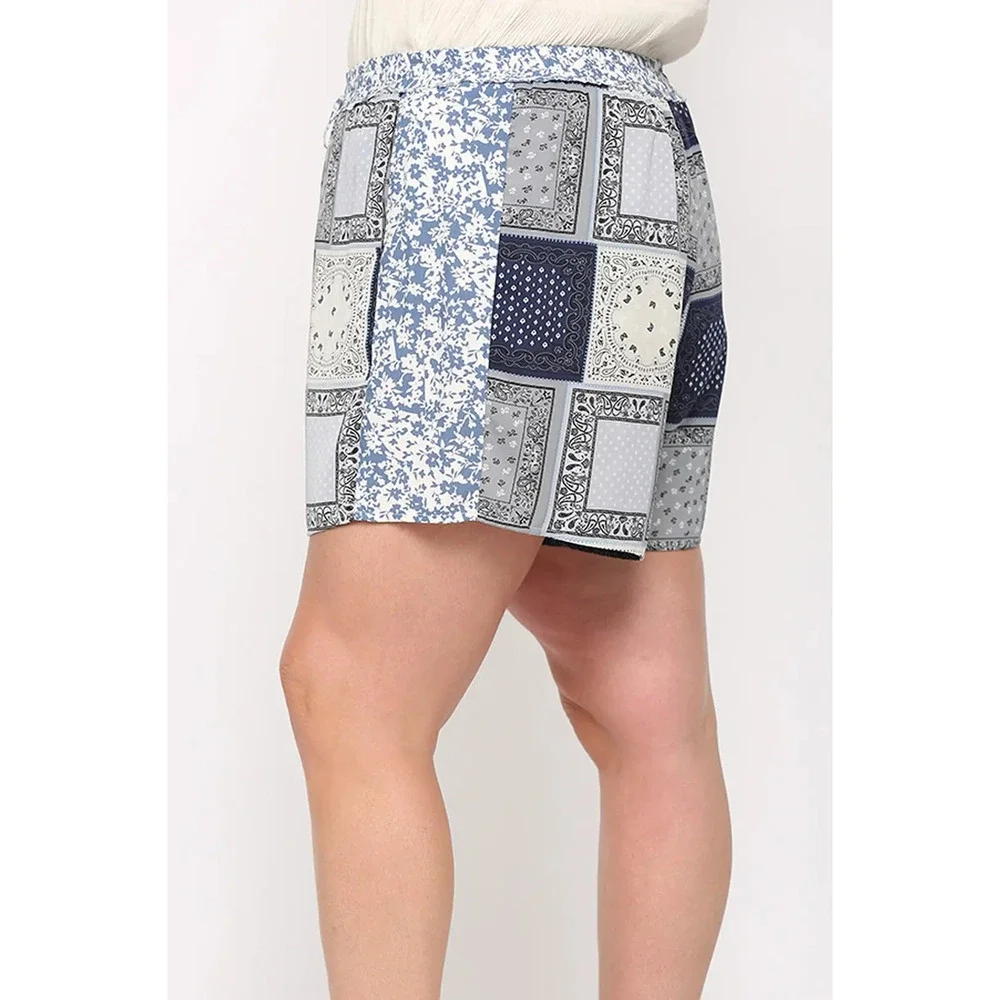 PH1178 B GiGio Patchwork Print Mixed and Elastic Waist Shorts Plus Sizes